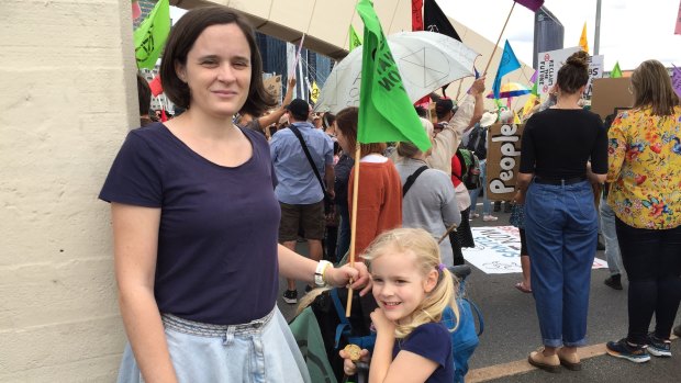 Amelia Robertson and daughter Evie, 6, at the William Jolly Bridge.