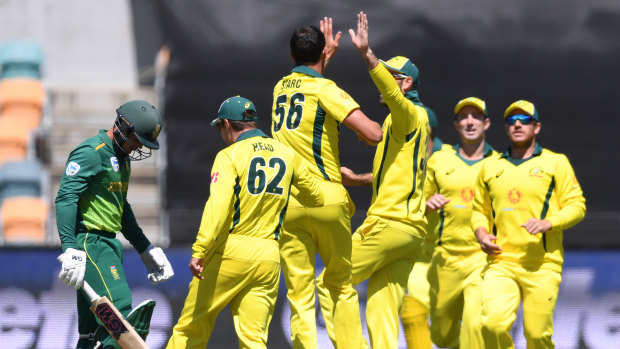 Early success: Australia celebrate the wicket of South Africa's Quinton de Kock, caught behind by wicketkeeper Alex Carey off Mitchell Starc for 4.