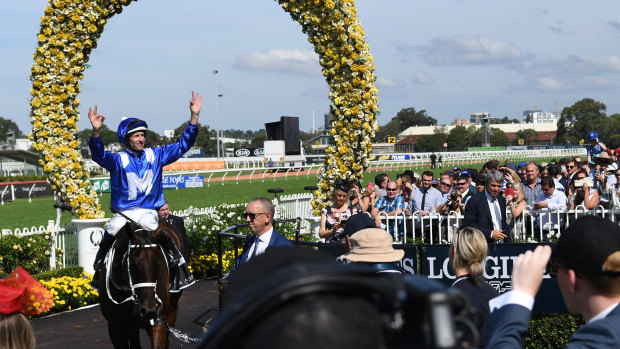 At home: Winx returns after winning the George Ryder Stakes at Rosehill last year.