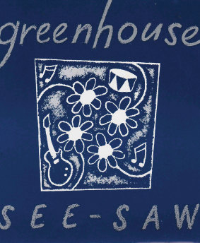 Record cover illustrated by artist Jim Pavlidis for Greenhouse’s single <i>See-Saw</i> from the band’s original period together of 1988 to 1993.