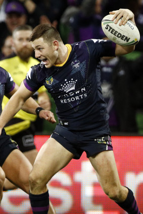 Ryley Jacks scores a try for Storm.