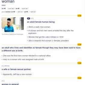 The entry for the word “woman” in the Cambridge Dictionary online version.