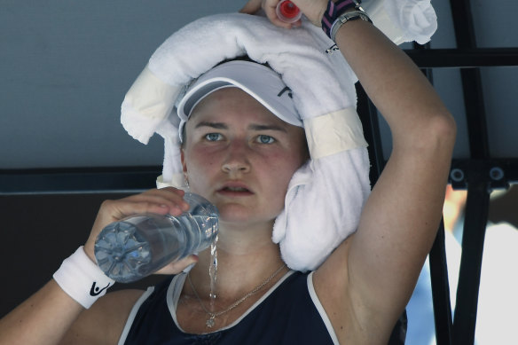 Czech tennis player Barbora Krejcikova cools down during a break in her quarter-final at the 2022 Australian Open.