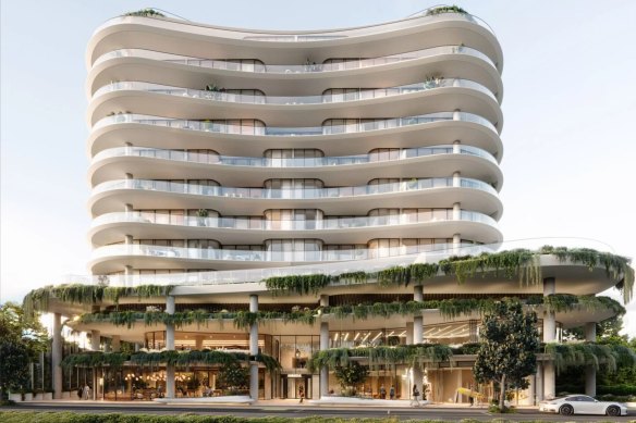 An artist’s impression of the 14-storey luxury apartment building at 446-450 Nepean Highway. The development has been approved by Frankston Council and will go before VCAT.