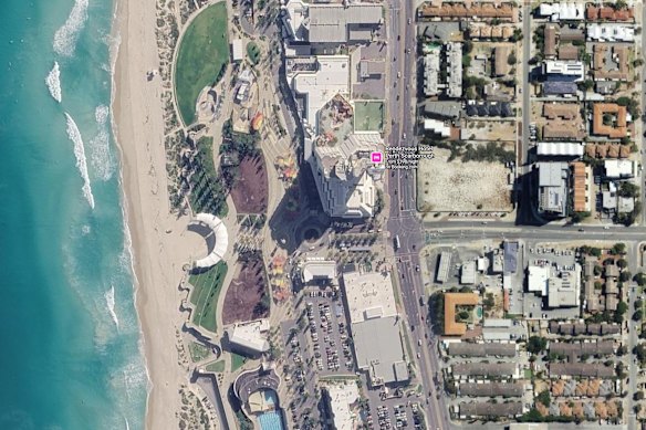 An aerial view of the Scarborough foreshore and the two mulch-filled lots set for redevelopment. 