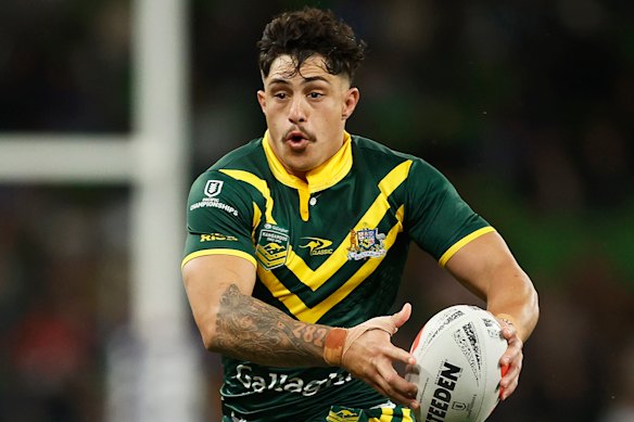 Kotoni Staggs in action for the Kangaroos.