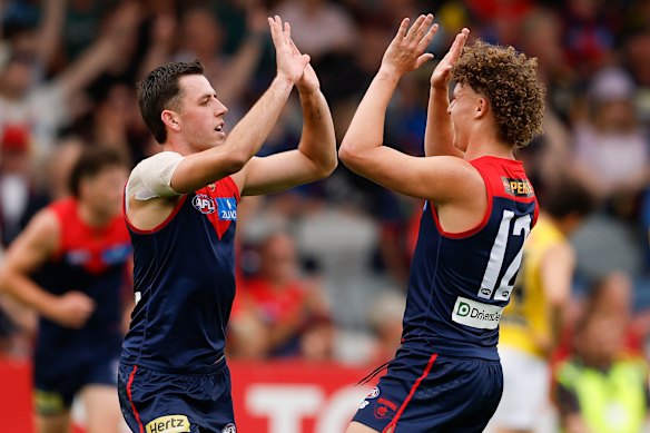 Xavier Lindsay and Koltyn Tholstrup celebrate a Melbourne goal.