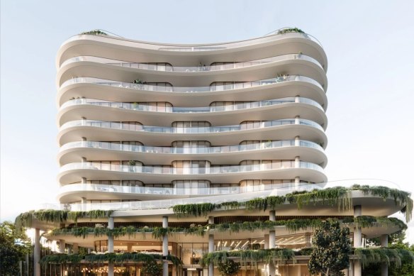 An artist’s impression of the 14-storey apartment building proposed for 446-450 Nepean Highway, Frankston.