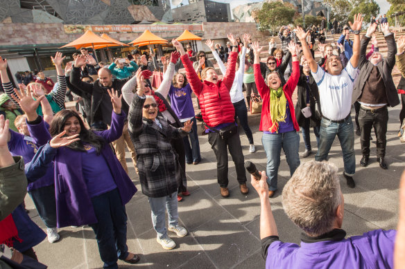 A laughter club event at Federation Square in 2017. 