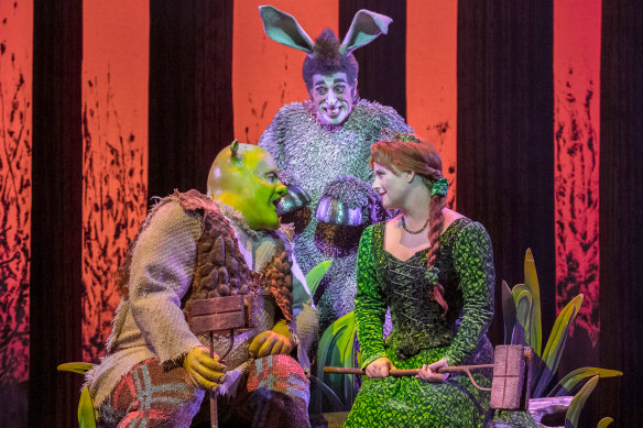 Shrek (Ben Mingay), Donkey (Nat Jobe), and Princess Fiona (Lucy Durack) in Shrek the Musical.