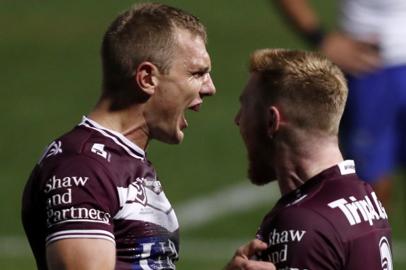 Fullback Tom Trbojevic (left) sparked Manly to a big win over Canterbury on Sunday night.
