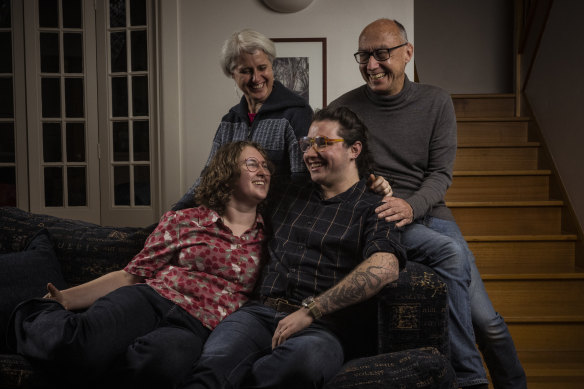 Sage Moorhen (front right) with partner Priya, and his parents Sue and Scott (at back). Sage told his parents he was transgender at 17 and asked for their support.