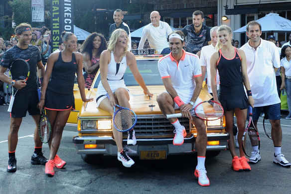 L-R: Rafael Nadal, Madison Keys, Serena Williams, Maria Sharapova, Nick Kyrgios, Andre Agassi, Roger Federer, Grigor Dimitrov, John McEnroe, Genie Bouchard and Pete Sampras in New York nine years ago.