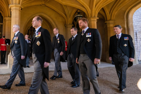 Prince Andrew, Duke of York, Prince Edward, Earl of Wessex, Prince William, Duke of Cambridge, Prince Harry, Duke of Sussex, Peter Phillips and Vice-Admiral Sir Timothy Laurence follow hearse carrying the Duke of Edinburgh’s coffin during the funeral of Prince Philip at Windsor Castle in 2021.