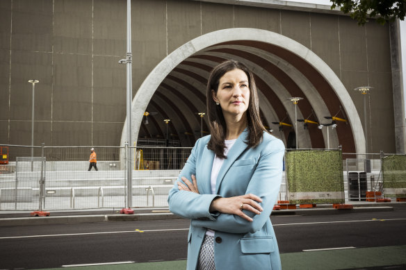 Greens MP Ellen Sandell at the under-construction Arden Station.