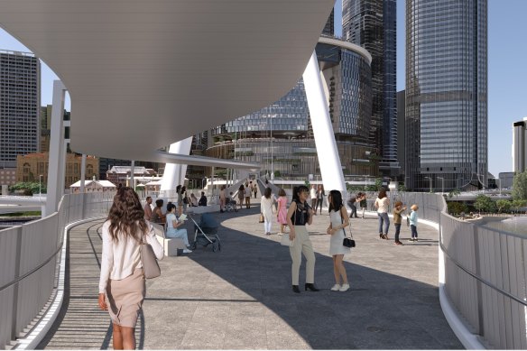 An artist’s impression of the Neville Bonner Bridge, with Queen’s Wharf Brisbane in the background.