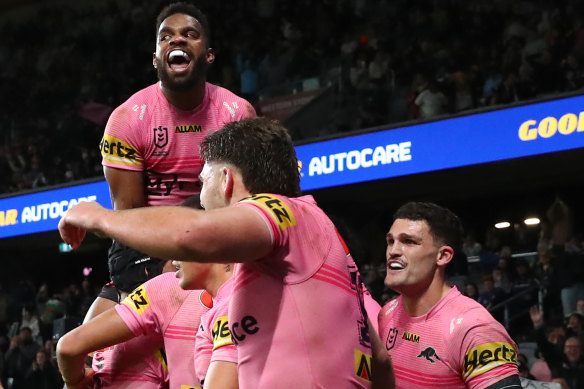 Penrith celebrate a try by Brian To’o against Parramatta on Friday night.