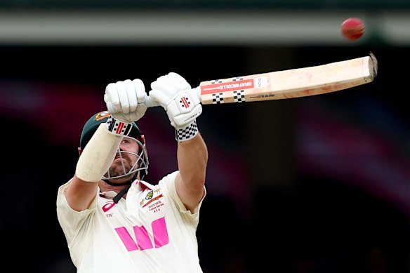 Travis Head plays another “classic” stroke at the SCG on Monday.