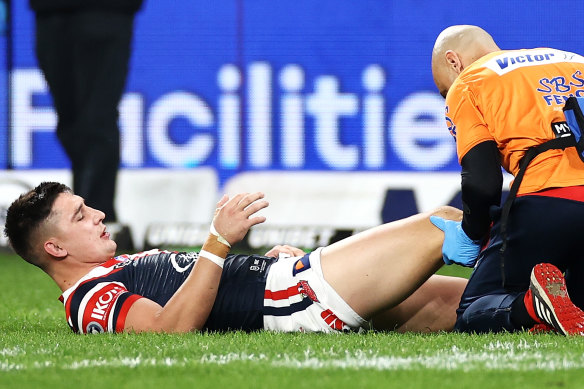 Roosters lock Victor Radley goes down with a suspected ACL tear.