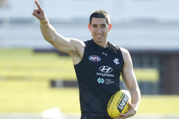 Happy days: Carlton’s Jacob Weitering at training early last month.