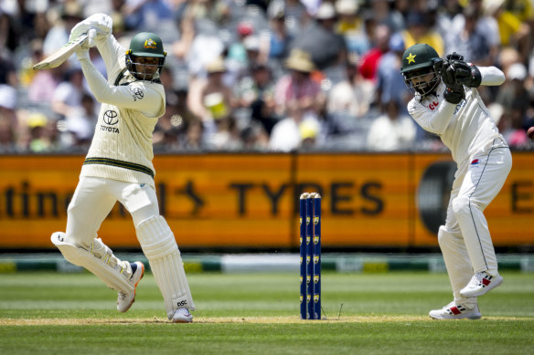 Usman Khawaja plays off the back foot against Pakistan during the Boxing Day Test.