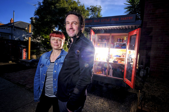 Eleesa Jewell and Logan Shield in front of the Ascot Vale Little Free Pantry.