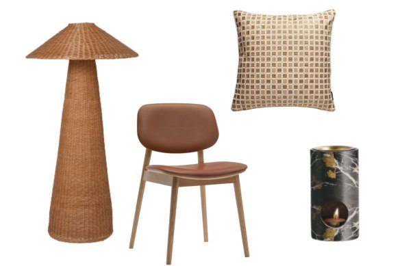 “Dou” floor lamp; “Lando” chair; “Capella” cushion; “Synergy” oil
burner.