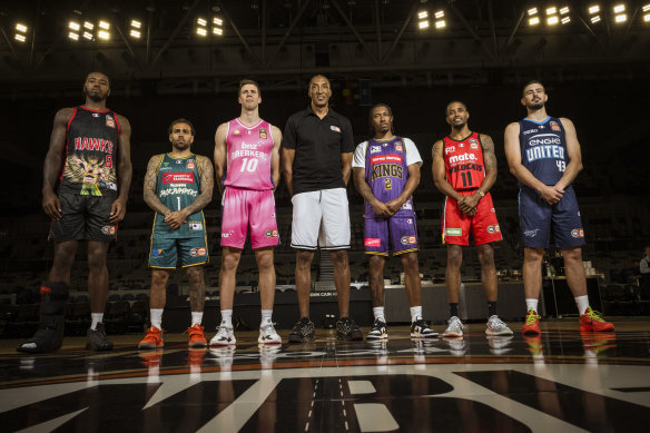 Chicago Bulls legend Scottie Pippen with Gary Clark, Jordon Crawford, Tom Abercrombie, Jaylen Adams, Bryce Cotton and Chris Goulding at the 2024 NBL Finals launch.