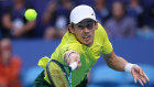 Alex de Minaur on his way to beating Novak Djokovic in straight sets at the United Cup in Perth.