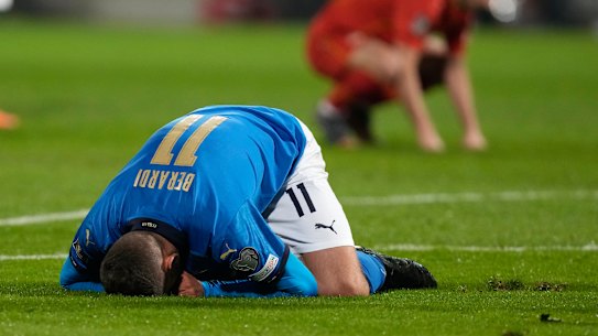 Italy’s Domenico Berardi after missing a chance against North Macedonia.