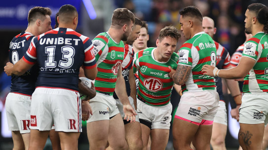 Cameron Murray struggles to his feet in the final round match against the Roosters last season.