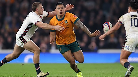 Len Ikitau produces the no-look flick pass that set Max Jorgensen free to score.