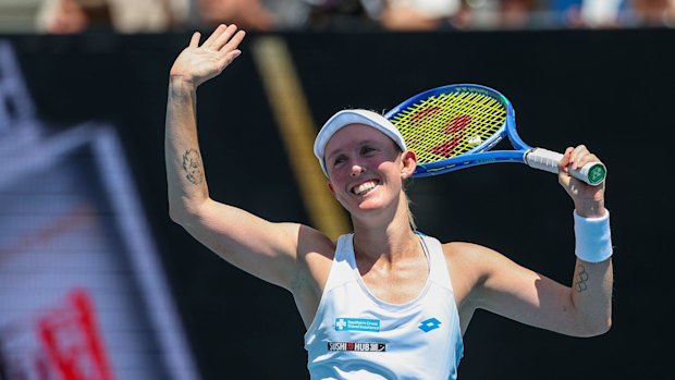 Storm Hunter thanks the crowd after her round one win at the Australian Open.