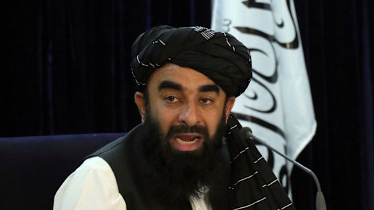 Taliban spokesman Zabihullah Mujahid at a press conference in 2021.