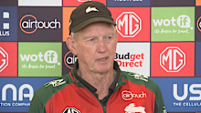 Wayne Bennett speaks to media.