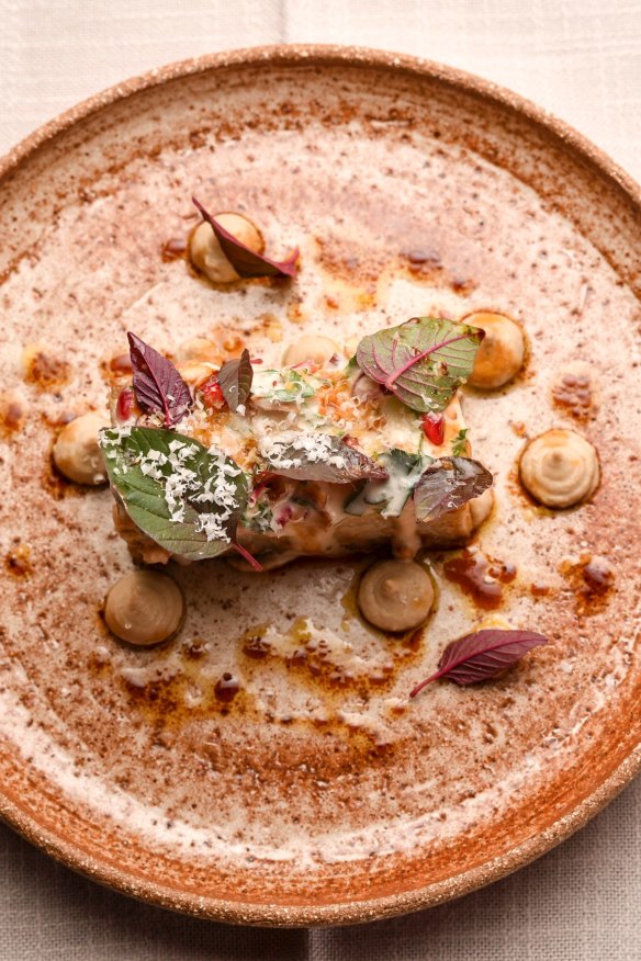 Compressed eggplant with smoky baba ghanoush.