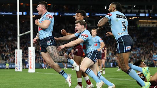 Bradman Best celebrates his first Origin try.