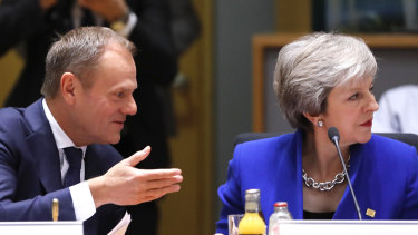 European Council President Donald Tusk and British Prime Minister Theresa May during Sunday's round table meeting in Brussels.