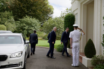 Prime Minister Scott Morrison arriving at Government House this morning. 