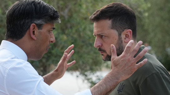 British Prime Minister Rishi Sunak attends a meeting with Ukraine President, Volodymyr Zelenskyy, during day one of the 50th G7 summit.