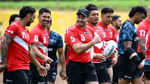 Kieran Foran has a laugh with his Kiwi teammates as he revels in one last campaign with the national team.