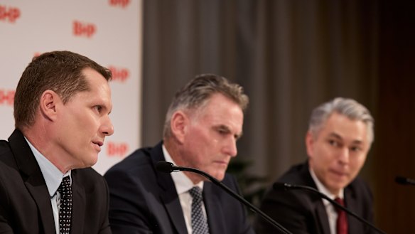 From left: BHP’s new chief executive Brandon Craig, chairman Ross McEwan and departing chief executive Mike Henry.