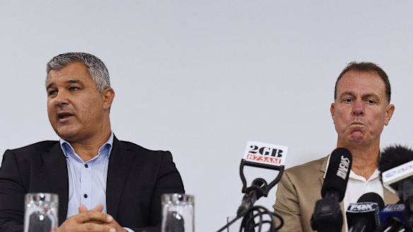 Alen Stajcic (right) and Football Coaches Australia president Phil Moss (left) at the former Matildas' coach's press conference.