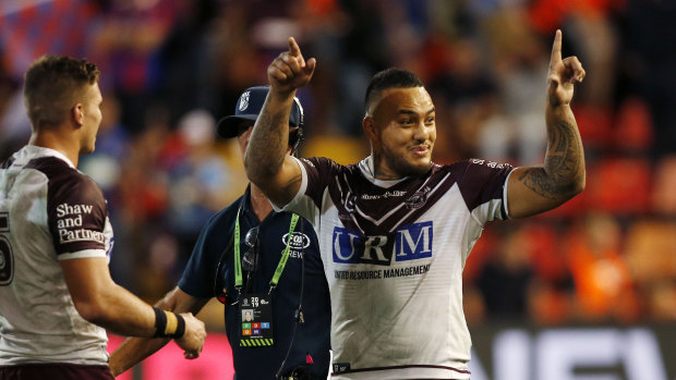 Read 'em and weep: Addin Fonua-Blake eggs on the crowd on his way  to the sin-bin.