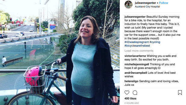 New Zealand's Green Party MP and Minister for Women Julie Anne Genter posted this picture of her cycling to the hospital for the birth of her first child.