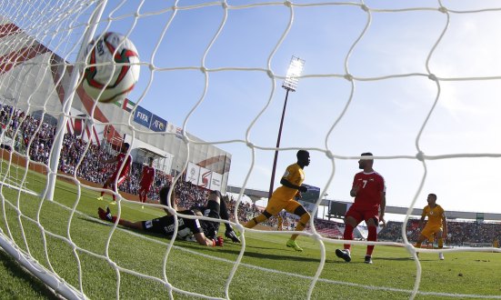 Australia's midfielder Awer Mabil finds the back of the net.