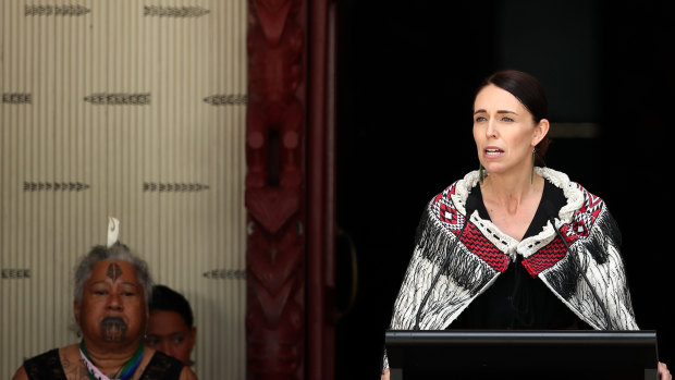 PM Jacinda Ardern speaks at the sacred grounds in Waitangi.