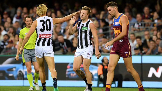 Sealer: Jordan de Goey's assist to Jaidyn Stephenson capped off a tremendous contest between Collingwood and Brisbane at the Gabba.