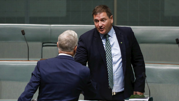 Llew O'Brien is congratulated by Deputy Prime Minister Michael McCormack  after being elected deputy speaker in the House of Representatives.