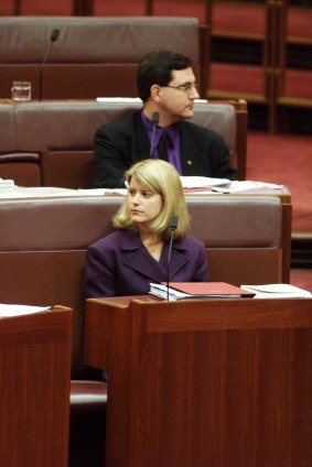Then-senators Andrew Bartlett and Natasha Stott-Despoja in June, 1999, voting against the GST. They were the only Democrats to do so.